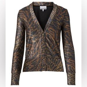 Ganni Metallic Black and Gold Animal-Print Cardigan
